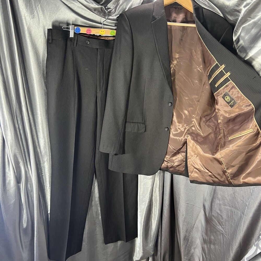 Caravelli 2-Pc Men's Suit Black Pin Superior 150s Blazer 44R Pants 38x44 FLAWS